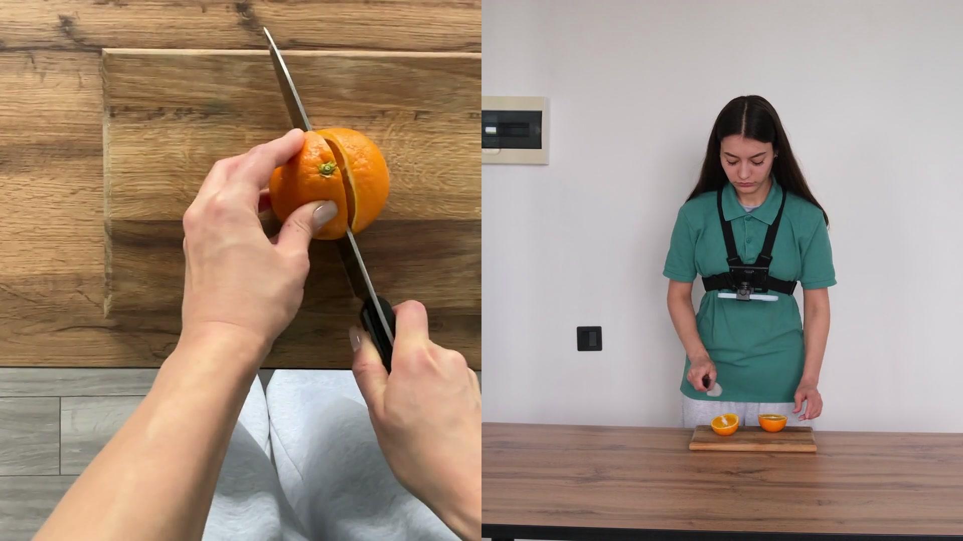 A produce-cutting task shown from chest-mounted and third-person cameras