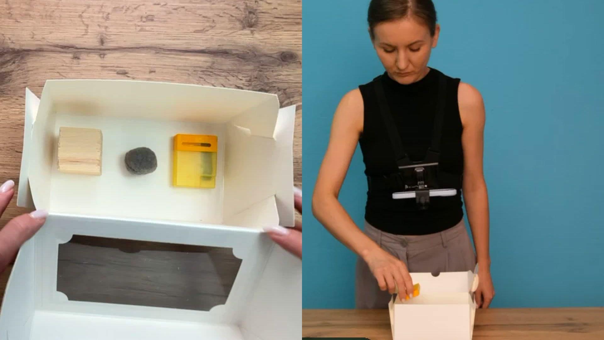 A packaging task shown from chest-mounted and third-person cameras
