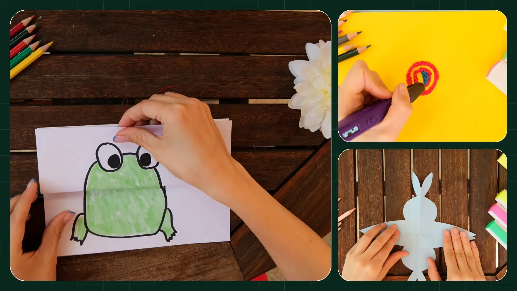 Creative Hands sample still collage showing drawing, 3D pen work and paper folding